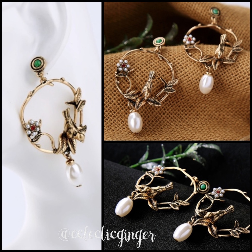 Bronze bird and pearl flower tree post back earrings